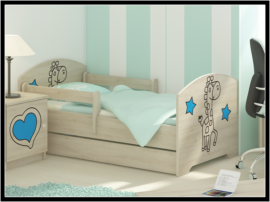 Boo detská postel Žirafa 140x70 gravírovaná modrá + matrac grátis
