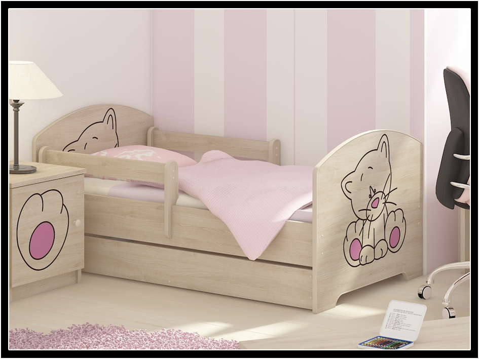 Boo detská postel 140x70 kocurik ružová + matrac grátis