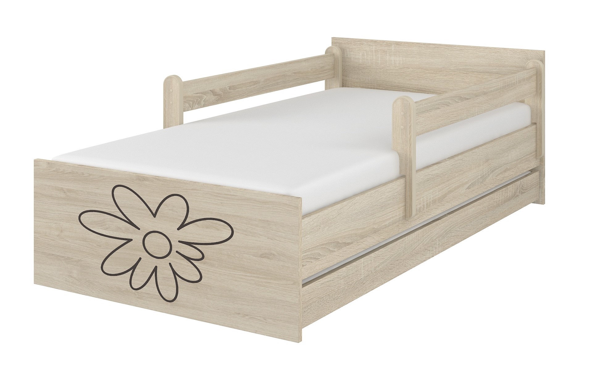 Detská postel sonoma gravírovaný  kvet+ zábrany160x80