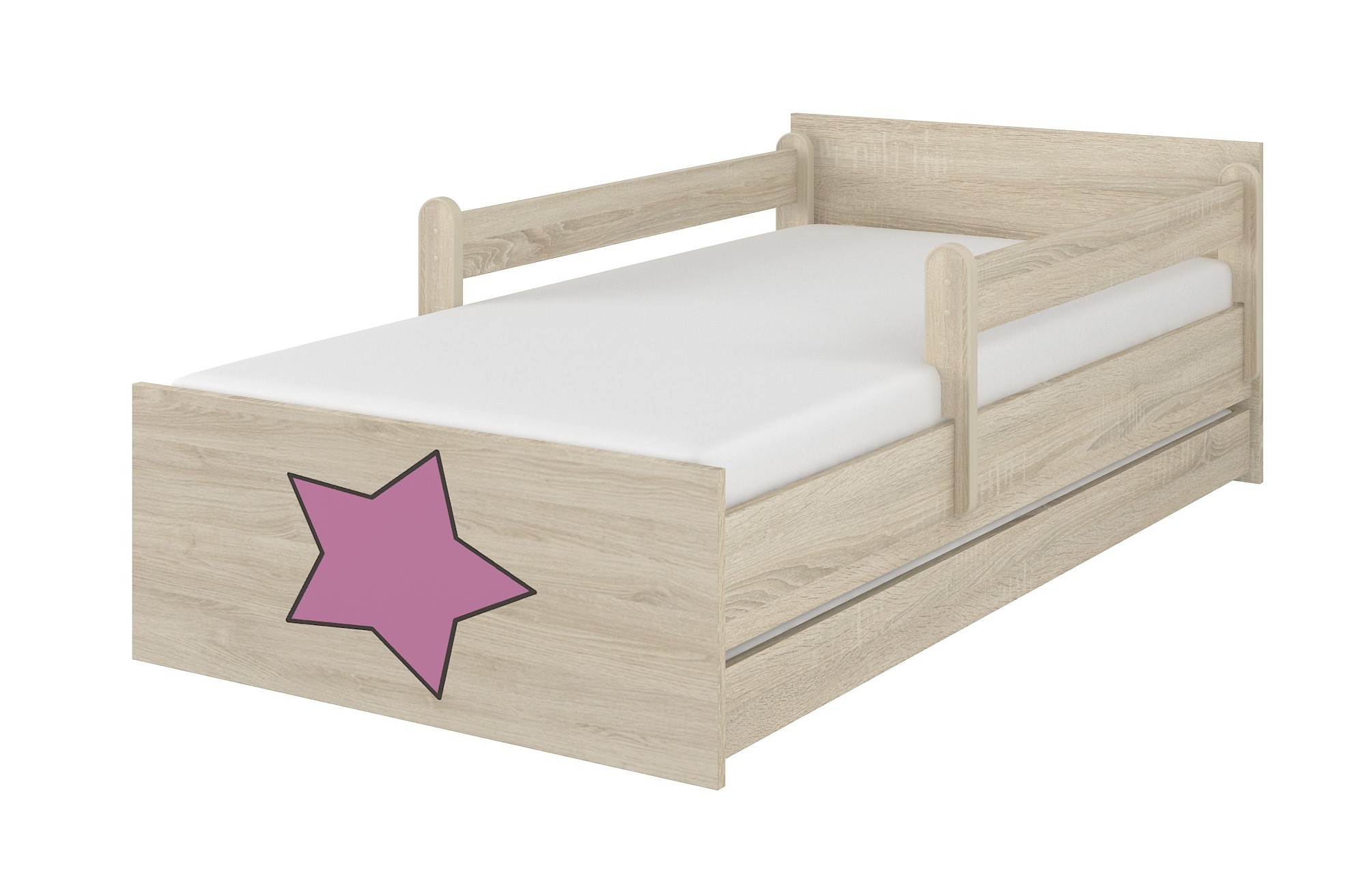 Detská postel sonoma gravírovaná hviezda ružová + zábrany160x80