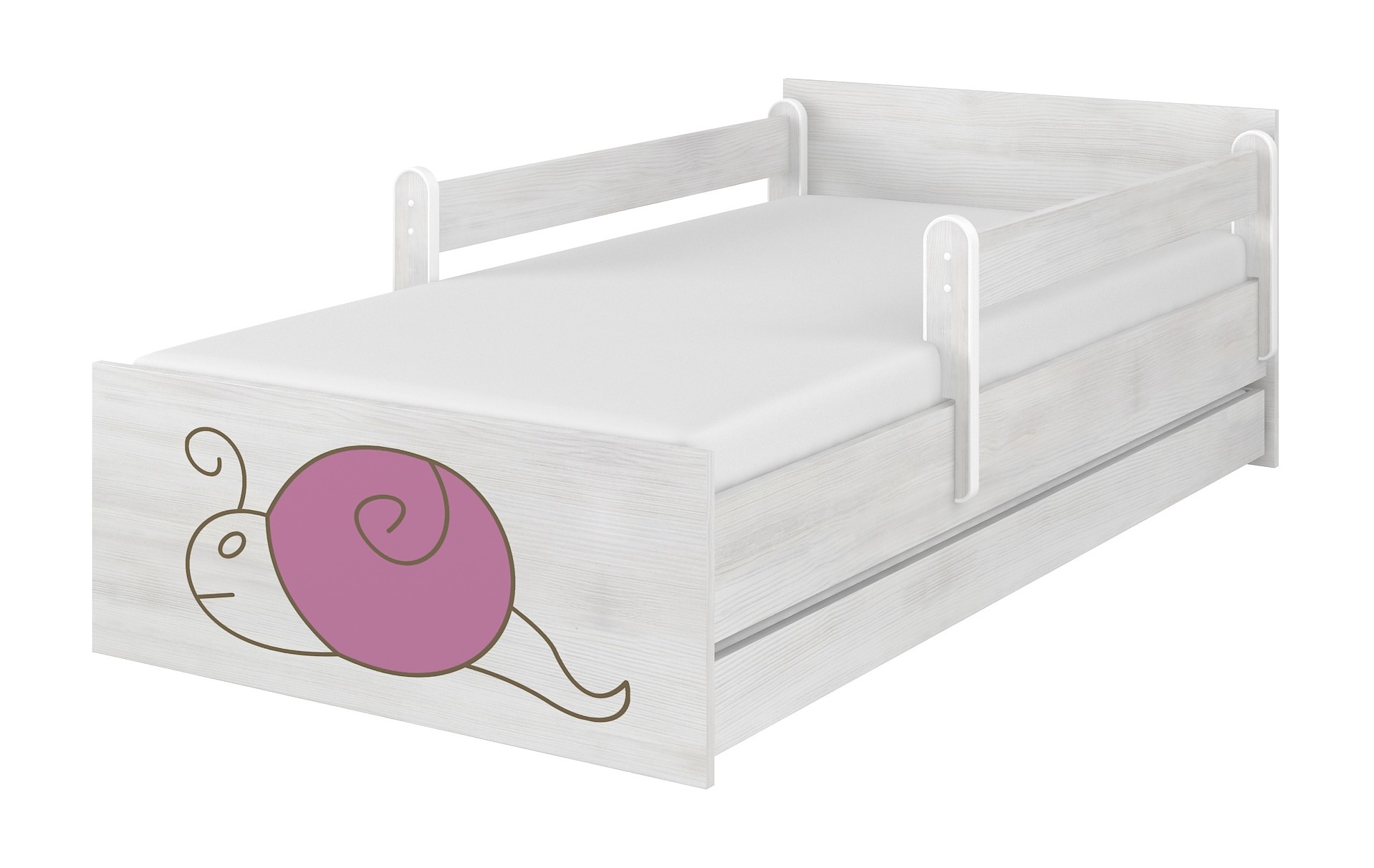 Detská postel dub sonoma  gravírovaný slimák ružový + zábrany160x80