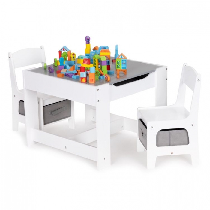Detský drevený nábytok  stolček s tabuľou + dve stoličky - biela/sivá