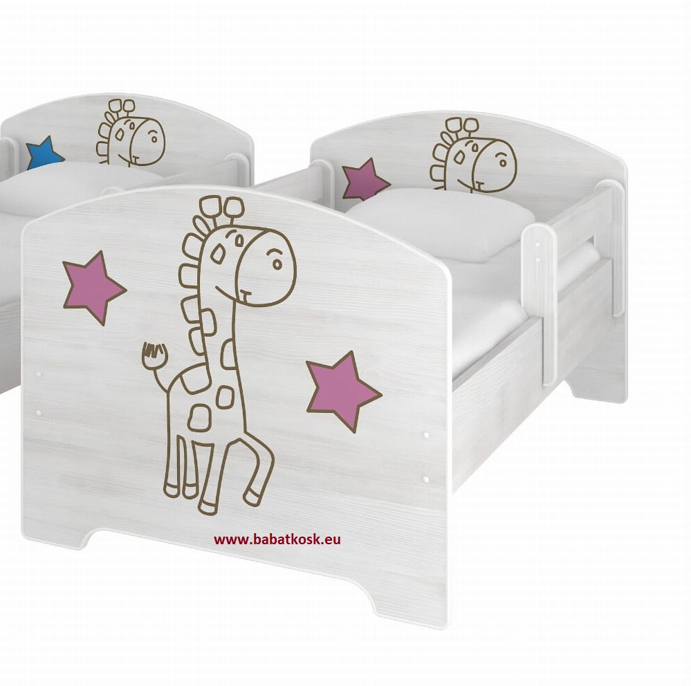 Boo detská postel Žirafa 140x70 gravírovaná biela+ matrac grátis ružová
