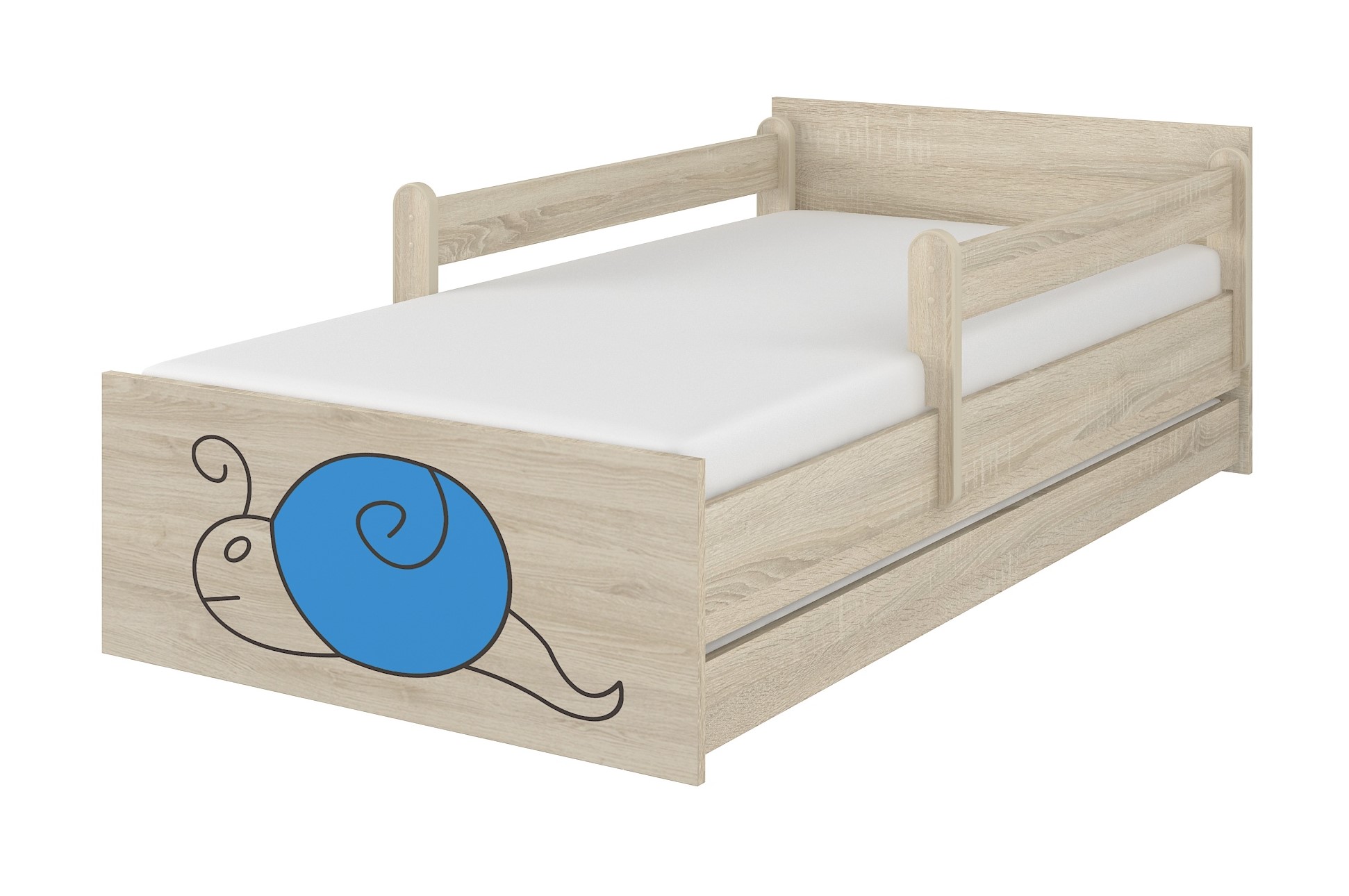 Detská postel sonoma gravírovaný modrý slimák + zábrany160x80