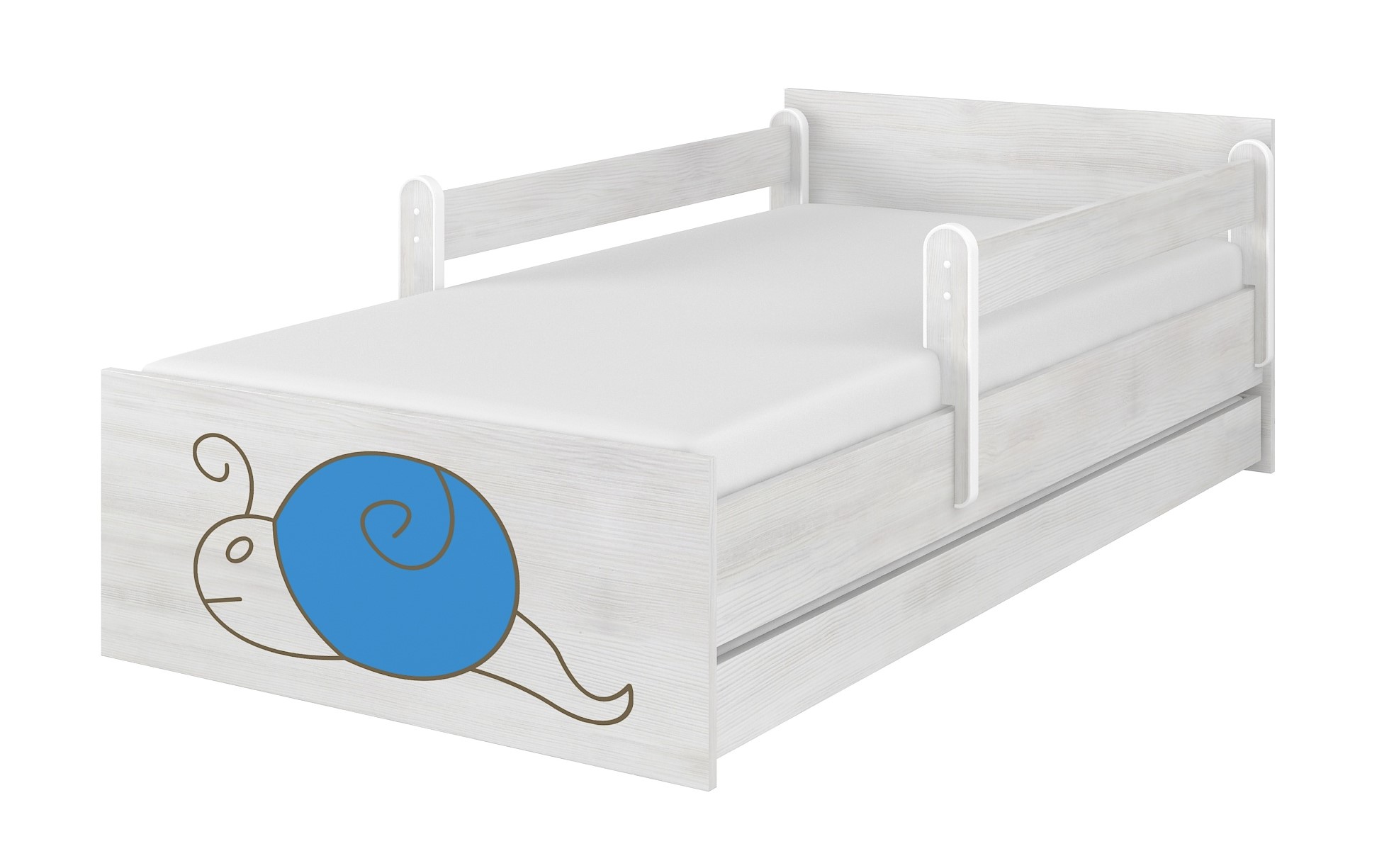 Detská postel dub sonoma gravírovaný slimák modrý + zábrany160x80