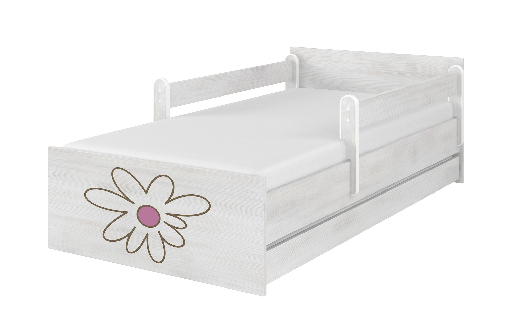 Detská postel dub sonoma gravírovaný kvet ružový+ zábrany160x80