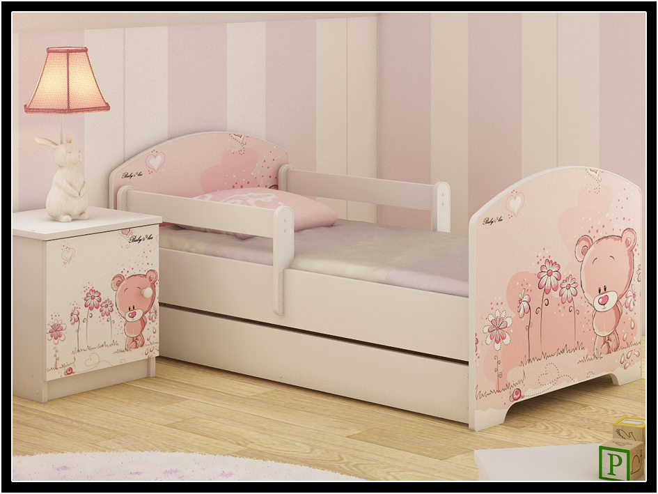 Detská posteľ + uložný priestor - 160x80 cm macko ružová