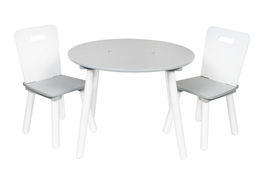Detský nábytok - 3 ks, okrúhly stôl so stoličkami - šedá/biela