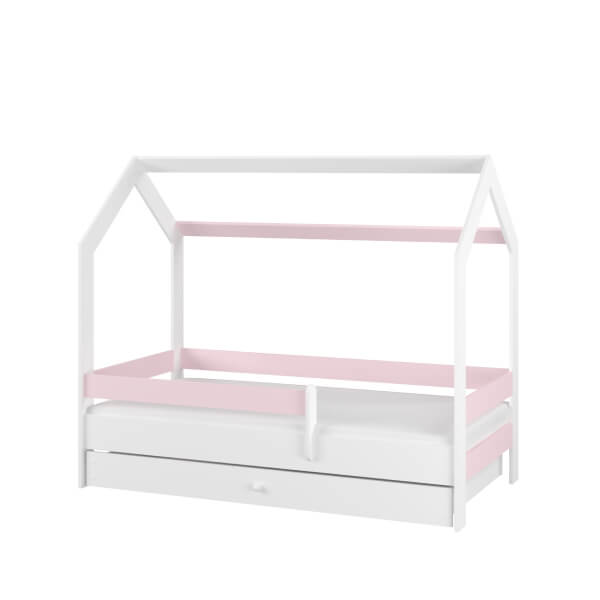 Detská posteľ  Domček, 160 x 80 cm + šuplík, biela/ružová