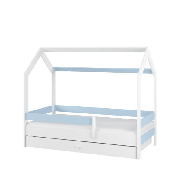 Detská posteľ  Domček, 160 x 80 cm + šuplík, biela/modrá