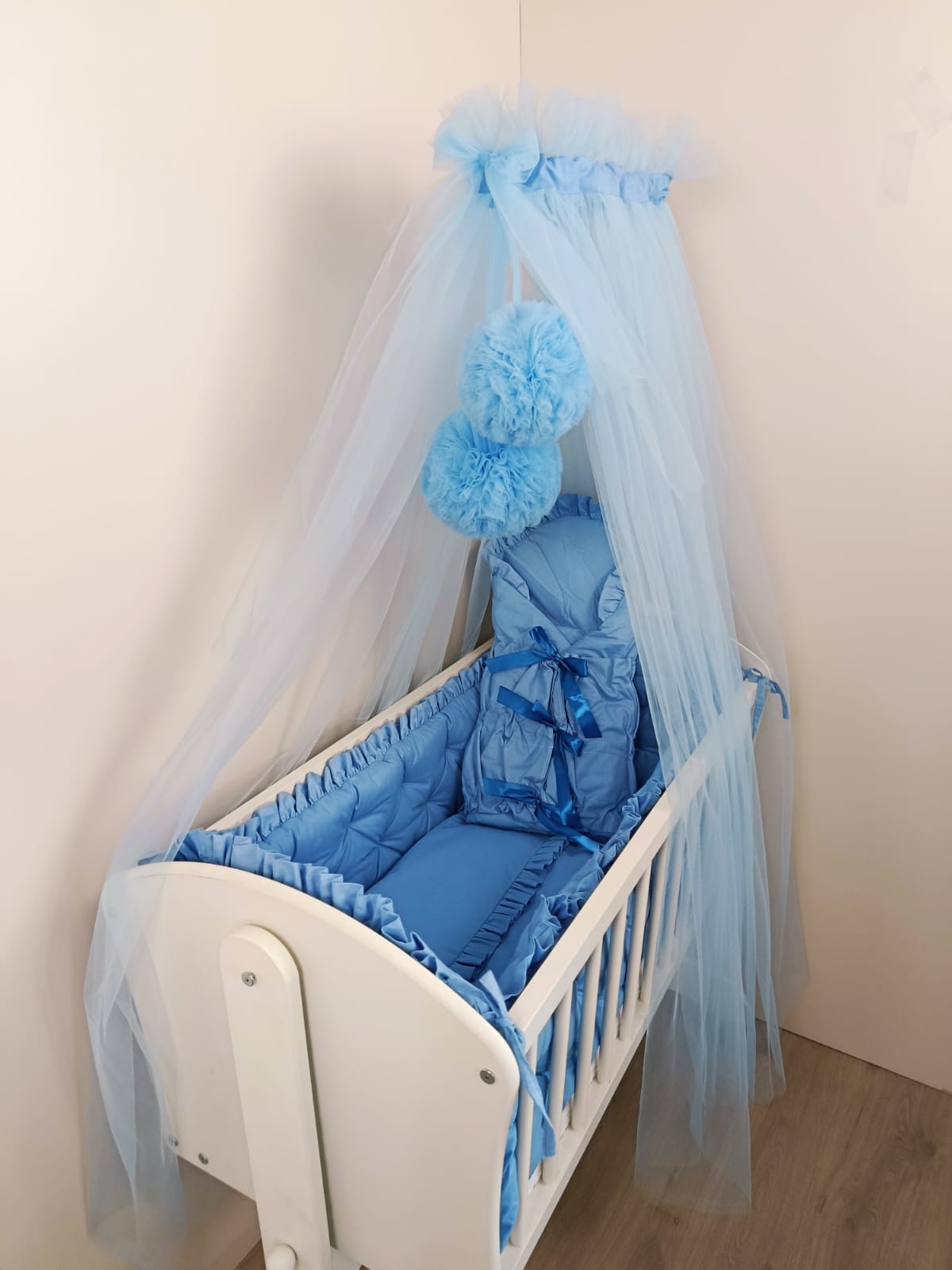 Detská kolíska + komplet výbava modrá + baldachýn POM