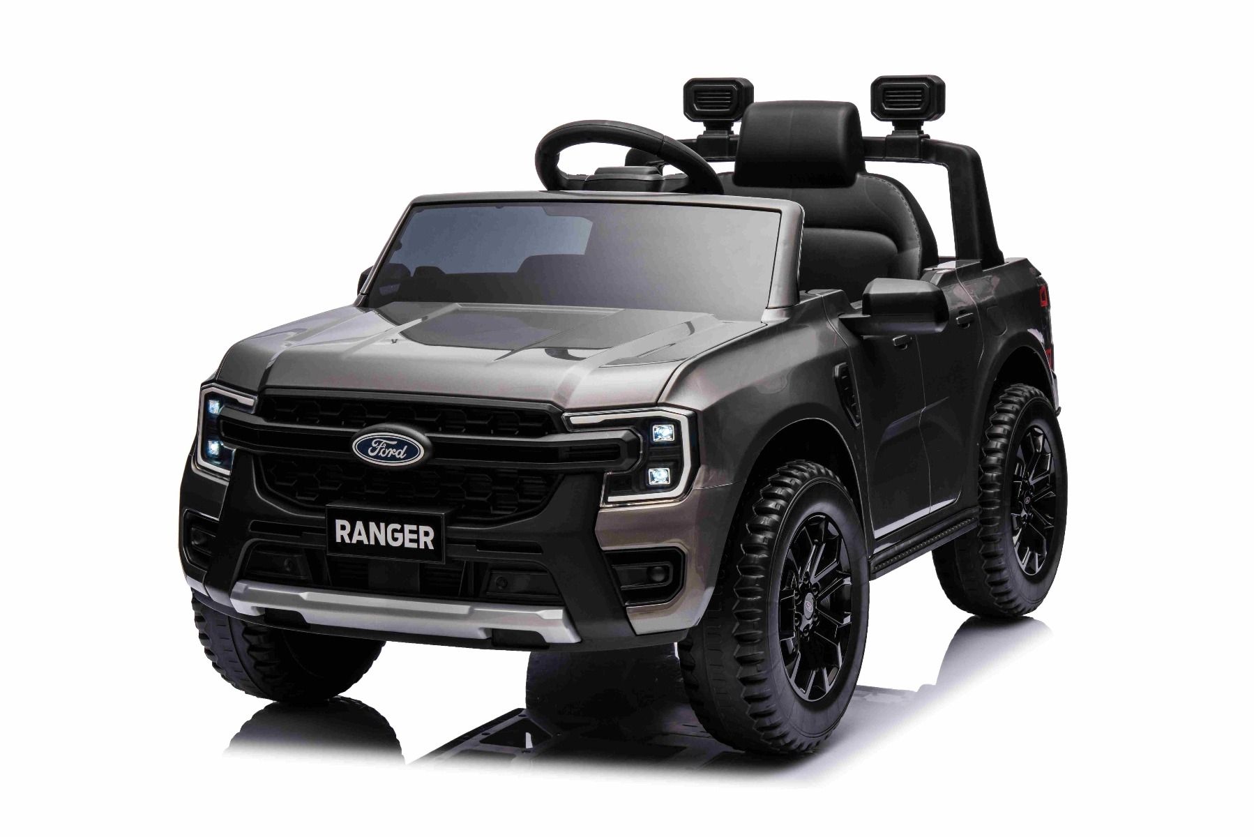 Elektrické autíčko FORD Ranger 12V, Sivá metalíza, Koženkové sedadlo, 2,4 GHz diaľkové ovládanie, Bluetooth / USB Vstup, Odpruženie, 12V batéria, Plastové kolesá, 2 X 30W MOTOR, ORIGINAL licencia
