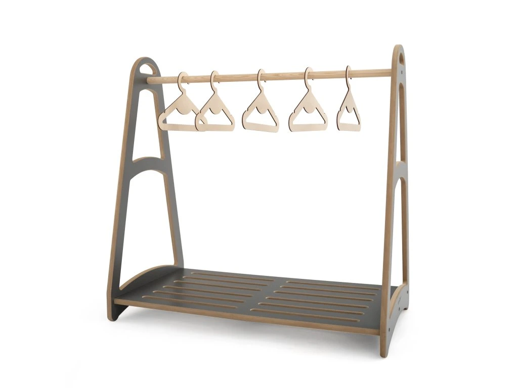 Vešiak/ šatník drevený na detské oblečenie + 5 vešiakov montessori mini sivá