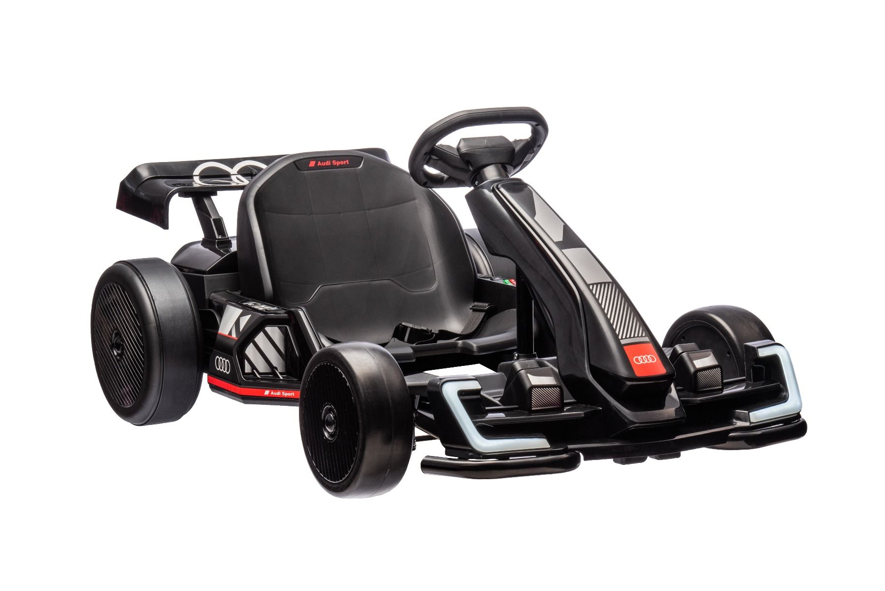 Licencovaná driftovacia Motokára AUDI 24V, čierna, LED svetlá, 2 x 150W Motor, Drift režim s rýchlosťou 12 Km/h, 24V Batéria, Masívna železná konštrukcia, Nastaviteľné sedadlo, MP3 Prehrávač