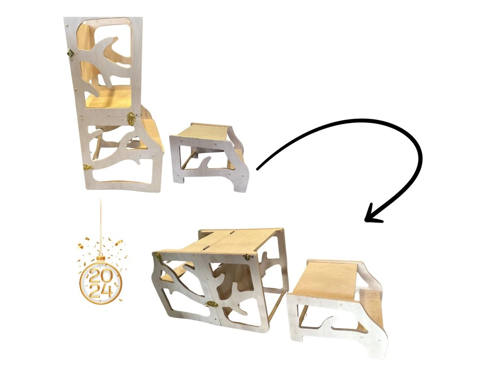 Učiaca veža, písací stolík, stolička, schodík, tabuľa 5v1 montessori borovica