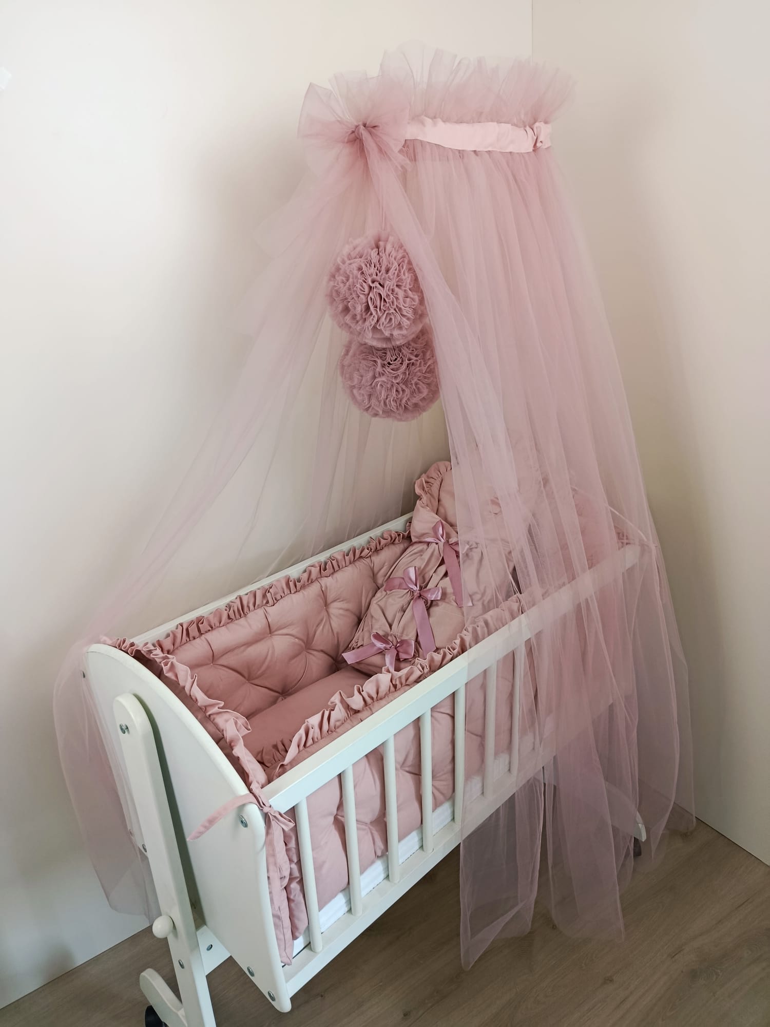 Detská kolíska + komplet výbava ružová+ baldachýn POM