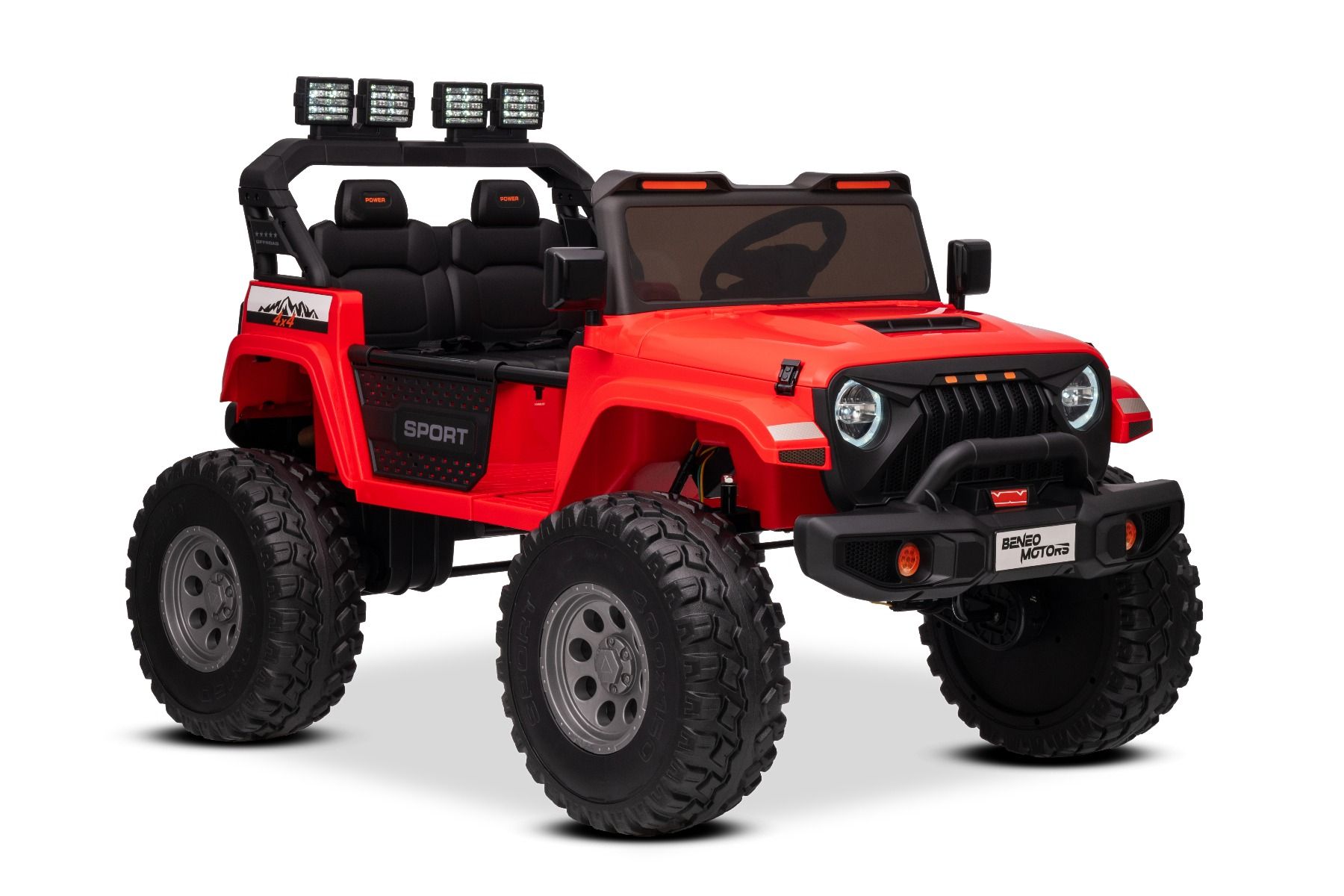 Elektrické autíčko Beneo Motors OFFRIDE 4x4² Dvojmiestne 24V, červené, MP3 Prehrávač s USB/AUX vstupom, Pohon 4x4, Lítiová Batéria, EVA kolesá s odpružením, Diaľkový ovládač, LED Svetlá