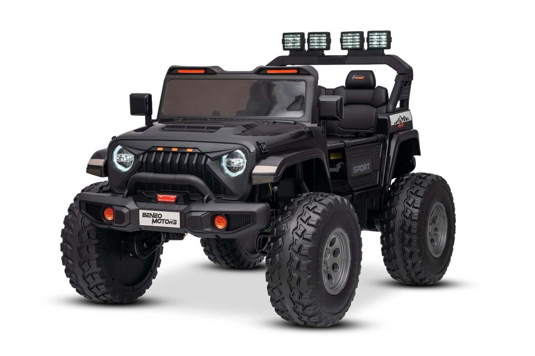 Elektrické autíčko Beneo Motors OFFRIDE 4x4² Dvojmiestne 24V, čierne, MP3 Prehrávač s USB/AUX vstupom, Pohon 4x4, Lítiová Batéria, EVA kolesá s odpružením, Diaľkový ovládač, LED Svetlá