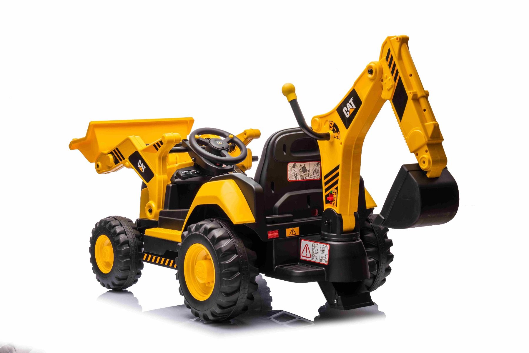 Licencovaný elektrický Báger Caterpillar so svahovacou aj výkopovou lyžicou, Jednomiestny, žltý, USB vstupom na MP3 Prehrávači, Zadným pohonom s 2 x 30W Motormi a Lítiovou batériou