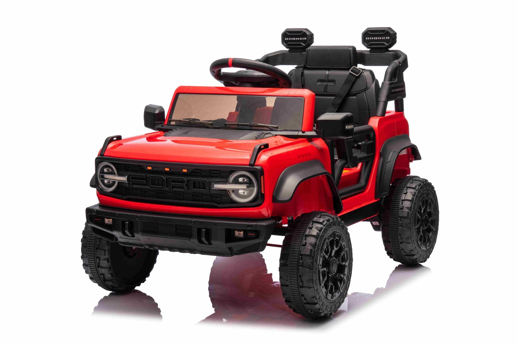 Elektrické autíčko Ford Bronco s pohonom zadných kolies s licenciou (Jednomiestne), červené, Lítiová batéria, Vysoký podvozok, široké sedadlo, Odpružená zadná náprava, 2,4 GHz Diaľkový ovládač, MP3 prehrávač so vstupom USB, LED svetlá