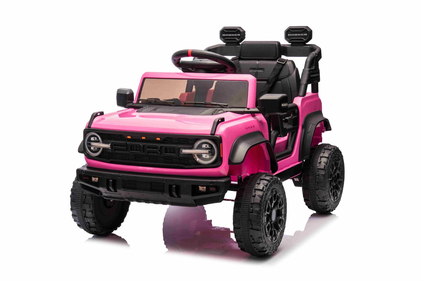 Elektrické autíčko Ford Bronco s pohonom zadných kolies s licenciou (Jednomiestne), ružové, Lítiová batéria, Vysoký podvozok, široké sedadlo, Odpružená zadná náprava, 2,4 GHz Diaľkový ovládač, MP3 prehrávač so vstupom USB, LED svetlá