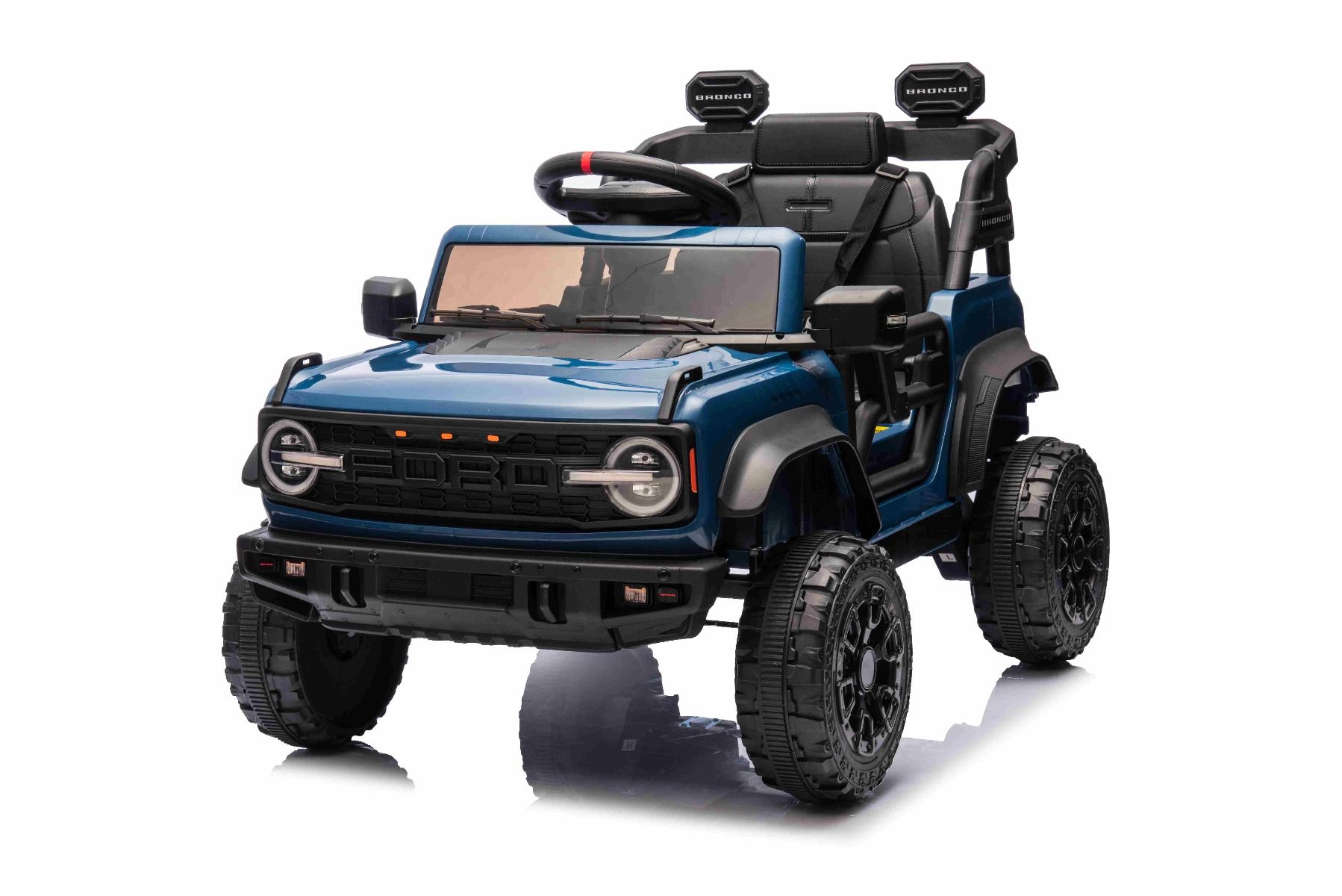 Elektrické autíčko Ford Bronco s pohonom zadných kolies s licenciou (Jednomiestne), modré, Lítiová batéria, Vysoký podvozok, široké sedadlo, Odpružená zadná náprava, 2,4 GHz Diaľkový ovládač, MP3 prehrávač so vstupom USB, LED svetlá