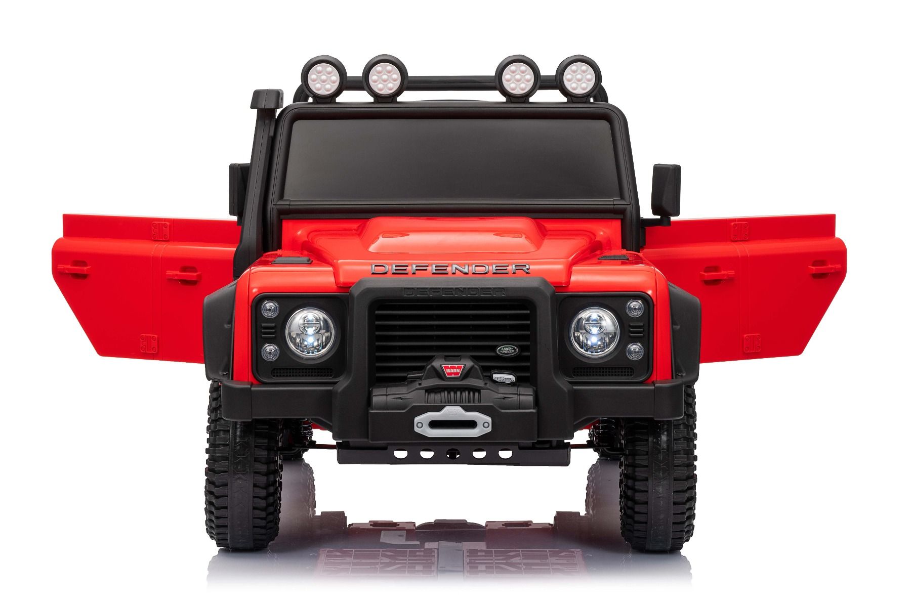 Elektrické autíčko Land Rover Defender 110 SVX 12V, červené, 4X4 pohon, LED svetlá, predné aj zadné odpruženie kolies, 2.4 GHz diaľkové ovládanie, USB/Aux Vstup, Bluetooth, Lítiová batéria, 4 X 25W motor, ORIGINÁL licencia
