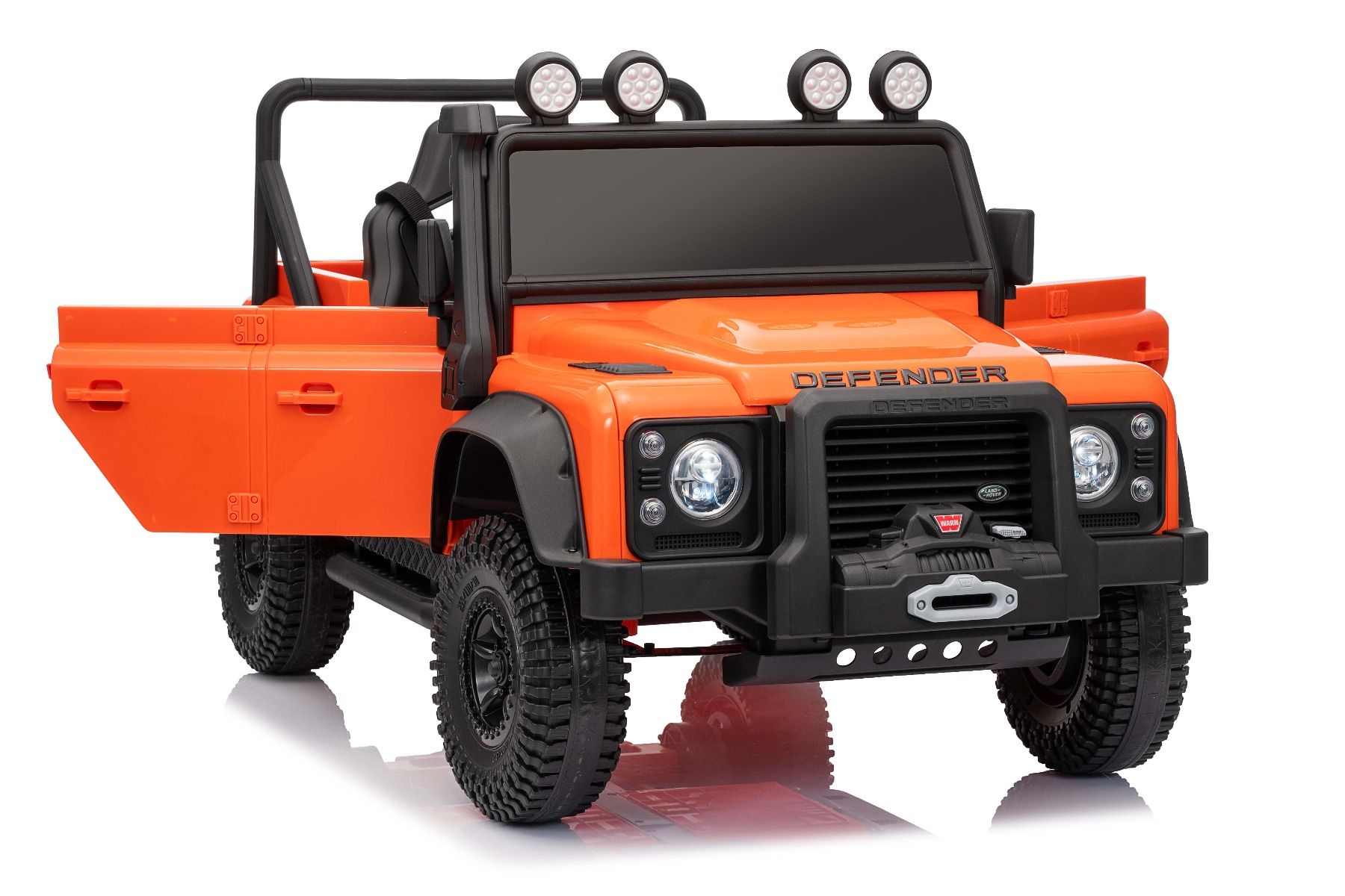 Elektrické autíčko Land Rover Defender 110 SVX 12V, oranžové, 4X4 pohon, LED svetlá, predné aj zadné odpruženie kolies, 2.4 GHz diaľkové ovládanie, USB/Aux Vstup, Bluetooth, Lítiová batéria, 4 X 25W motor, ORIGINÁL licencia