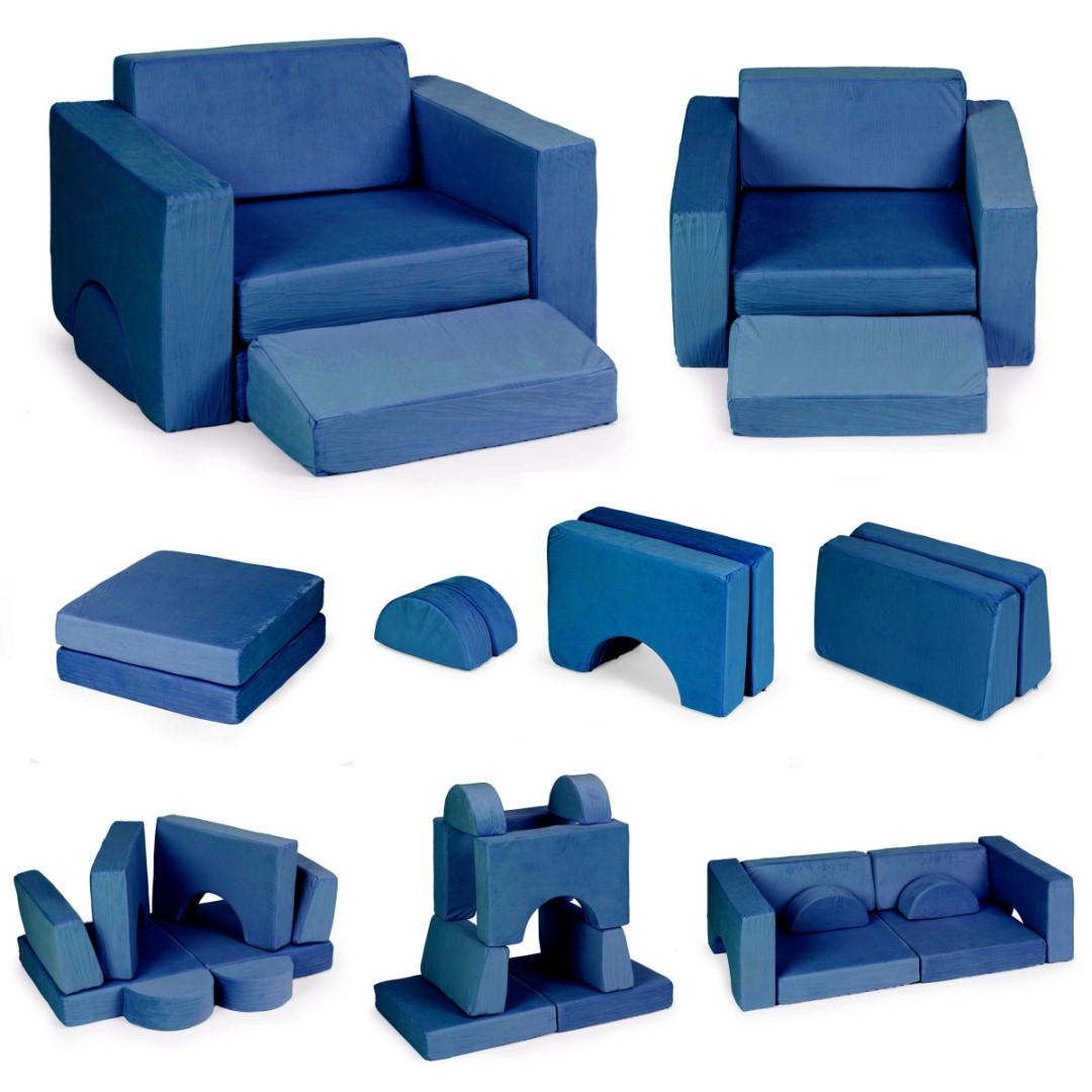Kreatívna detská pohovka z mäkkých vankúšov – skladací modulárny set 8 dielov - tm. modrá