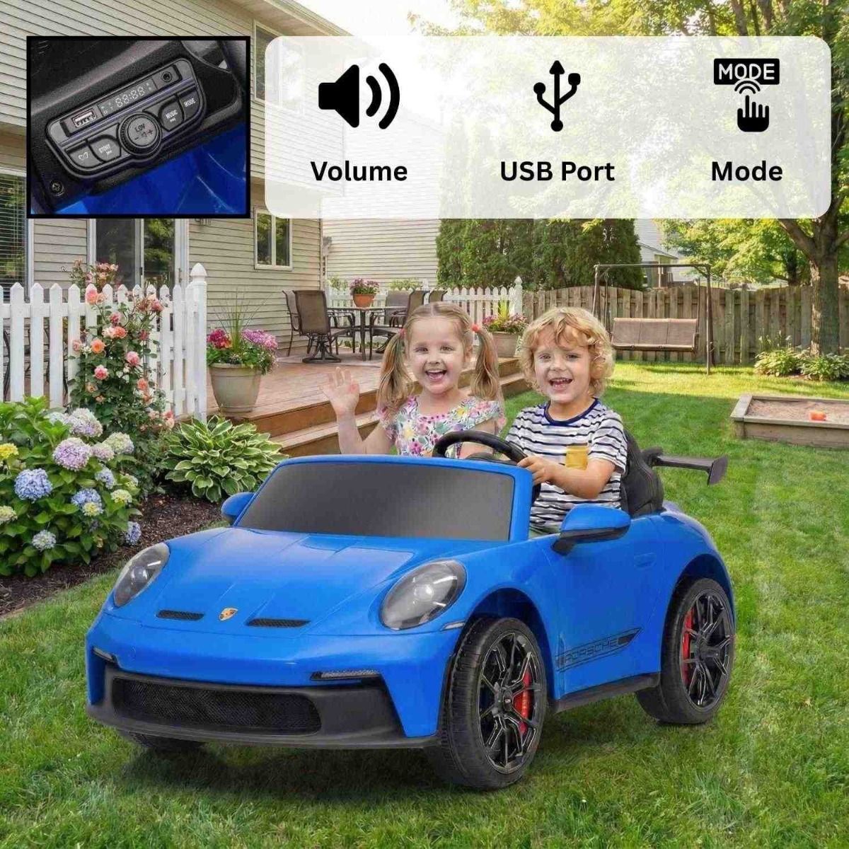 Elektrické autíčko Porsche 911GT3 24V s pohonom 4x4, modré, Dvojmiestne sedadlo, 2,4 GHz diaľkové ovládanie, USB/AUX Vstup, 200W motory, Odpruženie, Lítiová batéria, LED svetlá vpredu aj vzadu, ORIGINÁL licencia